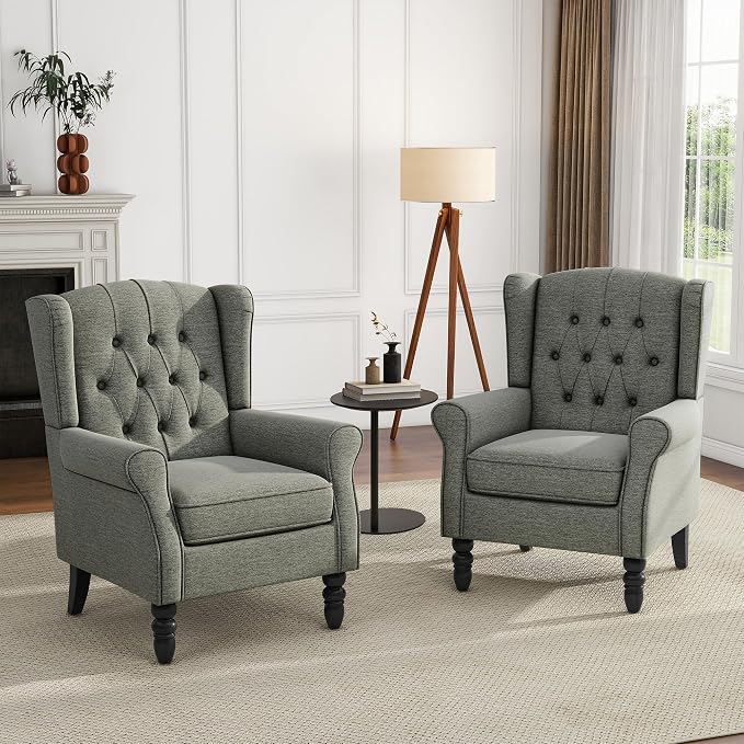 High Back Accent Chair, Fabric Wingback Chair Upholstered Armchair for Living Room, Retro Comfy Single Sofa Bedroom Reading Seat with Solid Wood Legs - Gray