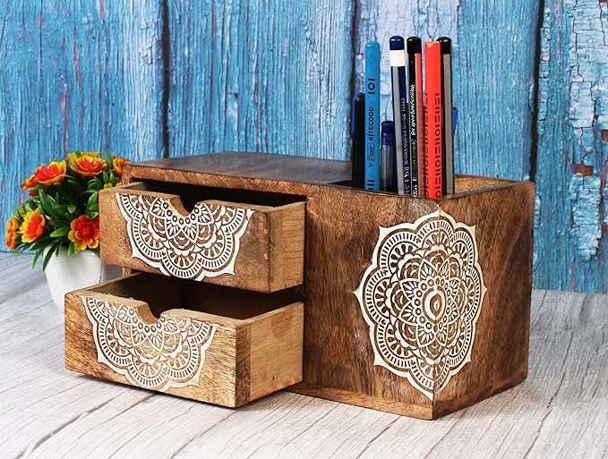 Wooden Hand craved Desk Organizer Pencil Pen Stationery Holder Cosmetic Storage Desk Box Home Office Art Supplies with 2 Drawer Wooden Tabletop Stationery Holder with 2 Drawers Storage Cabinet