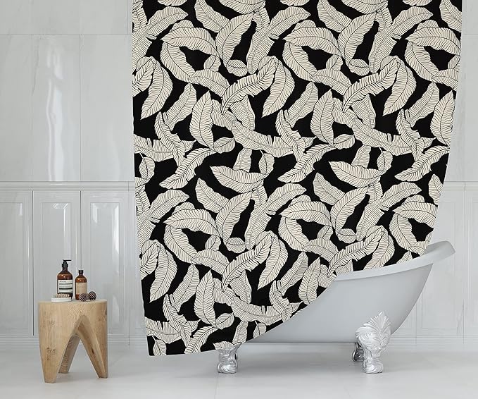 Black and Cream Banana Leaf Shower Curtain – 72x72 Tropical Botanical Fabric Bathroom Curtain, Minimalist Monochrome Design, Modern Printed Decor for Apartments, Guest Baths, or Dorms