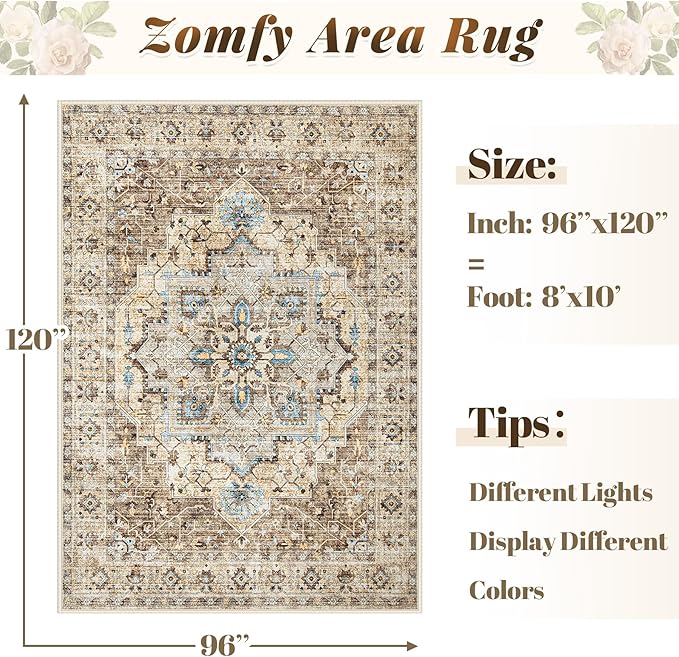 Area Rug 8x10 Vintage Rug: Large Washable Indoor Medallion Rugs Low Pile Distressed Floor Carpet Retro Accent Rug for Living Room Bedroom Kitchen Dining Table Home Office(Brown/Blue, 8'x10')