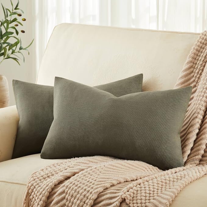 ZeeMart Rustic Cotton Linen Lumbar Throw Pillow Covers Set of 2, 12x20 Inch Olive, Farmhouse Style Decorative Couch Pillow Cases Cushion Covers for Sofa Bed Living Room Home Decor