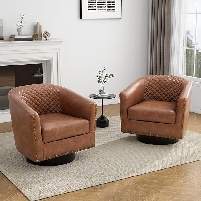 UIXE Faux Leather Swivel Barrel Accent Chairs Set of 2, Upholstered Armchair Club Chair for Living Room, Round Comfy Single Sofa Bedroom Side Reading Seat - Brown
