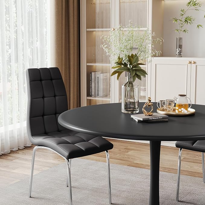 AF ARTISAN FURNITURE Black Round MDF-Metal Dining Table Set for 4, 31.5" Round Tulip Table Kitchen Dining Table with 4 PU Chairs for Office Living Room Small Space Patio Balcony