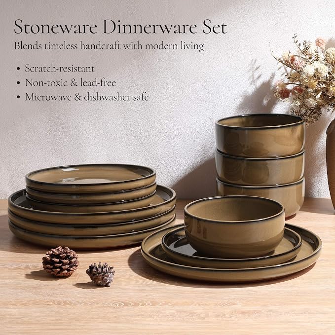 E-far Stoneware Dinnerware Sets for 2, 6 Pieces Reactive Glaze Plates and Bowls Sets, Elegant Dishes with Rustic Terracotta Base, Dishwasher & Microwave Safe, Scratch Resistant, Deep Camel