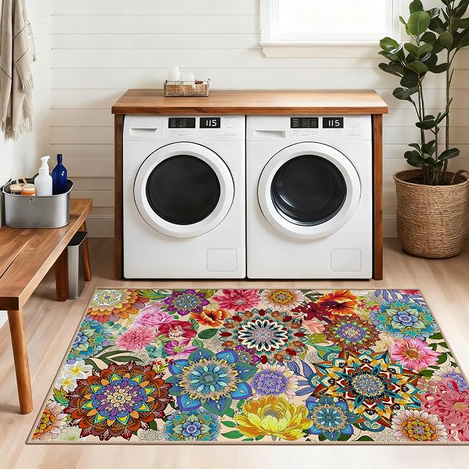 3'x5' Boho Floral Area Rugs for Entryway Kitchen Living Room Bedroom, Non-Slip Machine Washable Colorful Flower Entry Rugs Carpet Door Mat Indoor Entrance Aesthentic