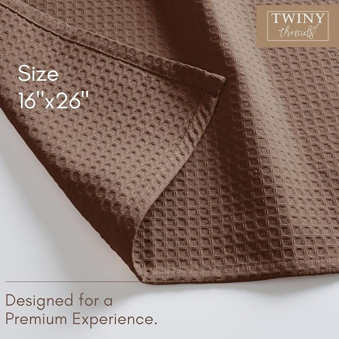TWINY threads Kitchen Towels Set of 12, 16x26 Inches, 100% Cotton Waffle Weave Dish Towels, Soft and Super Absorbent Hand Towel with Hanging Loop for Kitchen, Daily Use, Brown