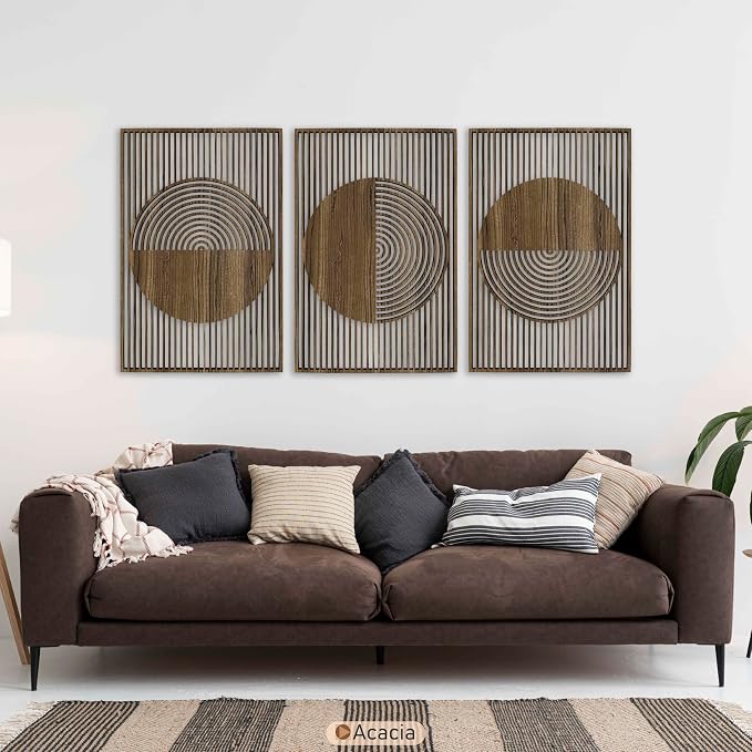 Boho Wood Wall Art Triptych, Abstract Geometric Wooden Panels, Mid Century Modern Scandinavian Decor, Large Statement New House Gift for Living Room and Bedroom