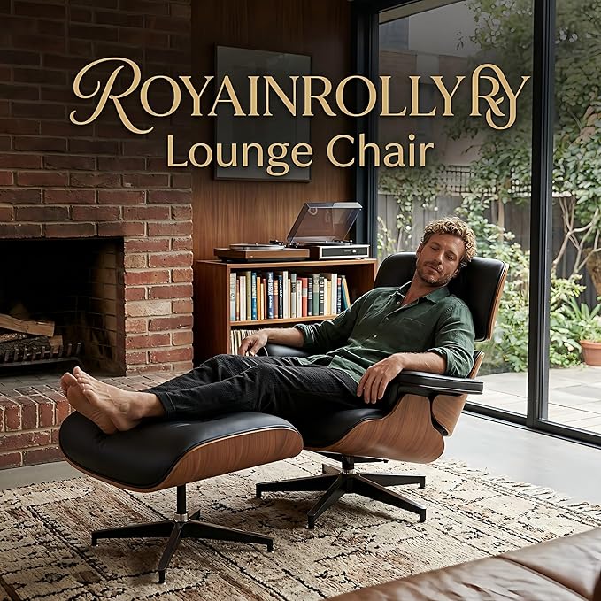 Mid Century Chaise Lounge Chair with Ottoman, Top Black Grain Leather, Modern Office Chair Classic Design, Heavy Duty Base Support for Living Room Study Lounge Office