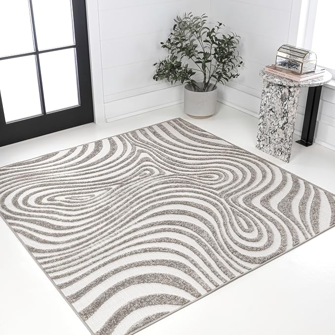 JONATHAN Y Maribo High-Low Abstract Striped Gray/Ivory 5x5 Square Indoor/Outdoor Area Rug, Pet Friendly, Non-Shedding, Stain Resistant, Easy-Cleaning for Backyard, Patio, Porch (SCN103B-5SQ)