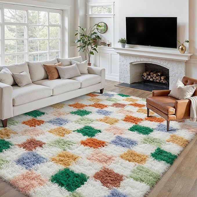 Checkered Rug 7x10 for Living Room, Modern Neutral Shag Rug Washable Non-Slip Large Area Rug Super Soft Indoor Fuzzy Carpet Fluffy Rugs for Bedroom Home Aesthetic Decor