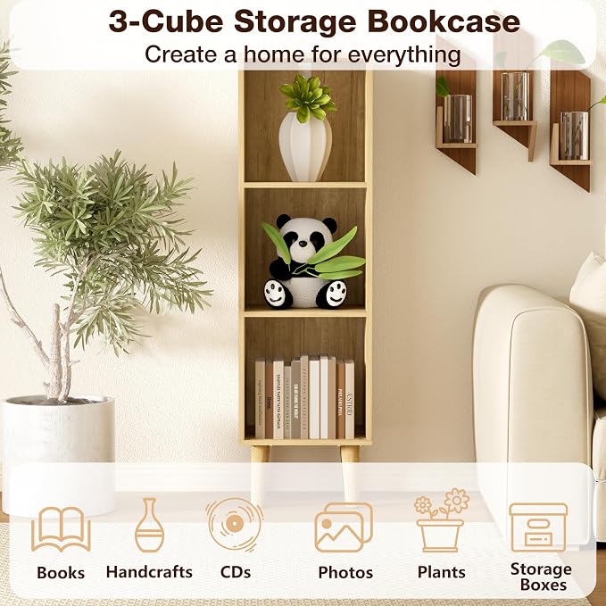 3 Cube Bookcase, Wooden Book Shelf Cube Storage Organizer with Legs, 3 Tier Bookshelf Freestanding Open Shelves for Bedroom, Living Room, Home Office (Oak, 3 Cube)