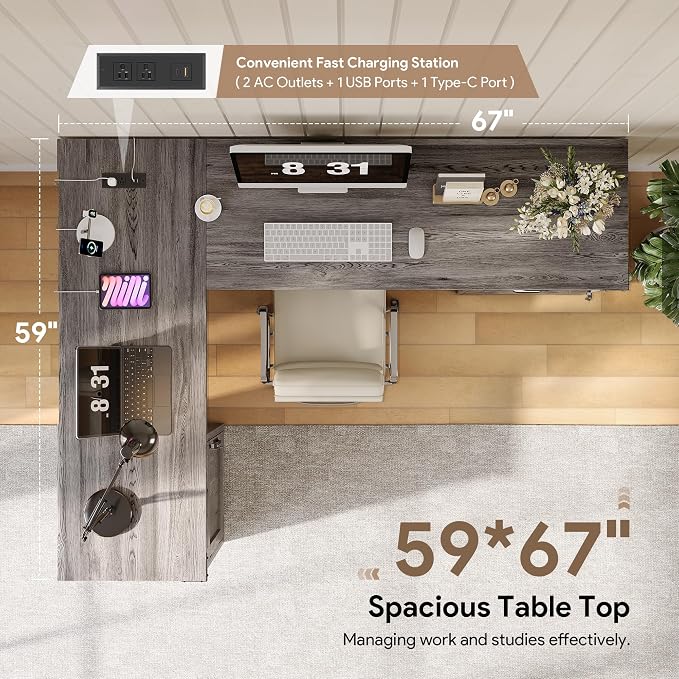 Decofy L Shaped Farmhouse Executive Desk with Drawers, 67" Home Office Desks with Fast Charging Station, Lockable File Cabinet, Wood Writing Computer Desk for Work, Study, Grey