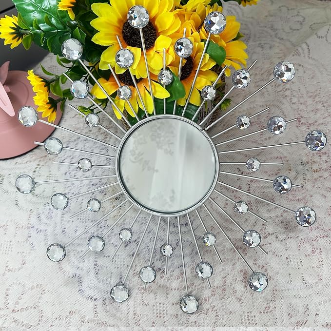 Uaussi 3 Pack Crystal Sunburst Wall Mirror Décor Rhinestone Mirrors Decorative Home Wall Art for Living Room Bedroom Entryway(Crystals Silver)