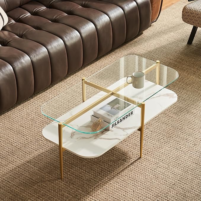 Saint Mossi Oval Glass Coffee Table for Living Room, Mid Century Center Table, Clear Glass & White MDF Bottom Shelf with Rounded Corners, L41xW21xH17, Gold Table Legs