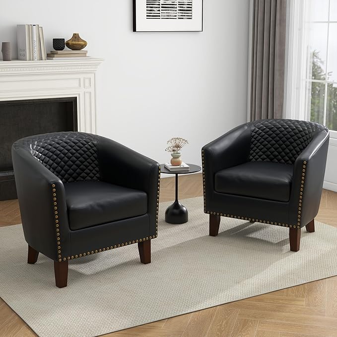 UIXE Faux Leather Barrel Accent Chairs Set of 2, Modern Club Upholstered Arm Chair, Comfy Armchair Nailed Trim Living Room Single Sofa Reading Seat Bedroom Side Sitting for Office, Black