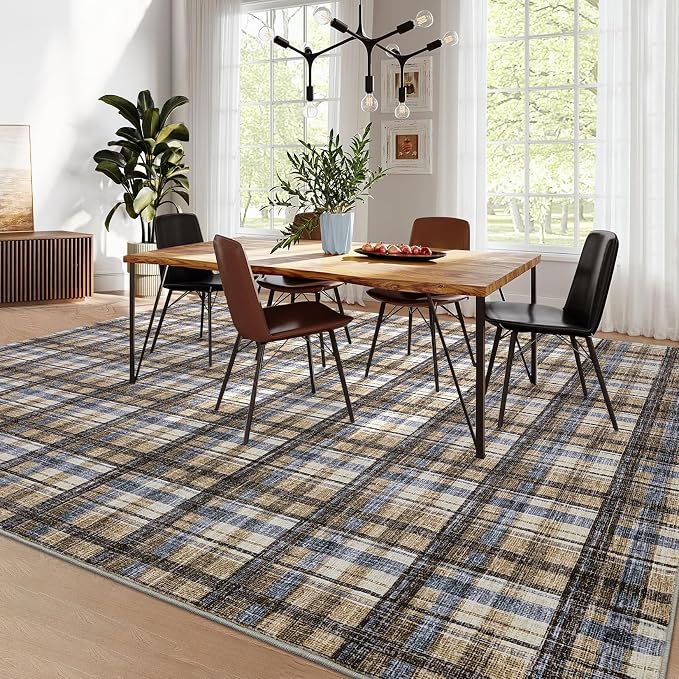 Washable Rug 9x12 Area Rug for Living Room Modern Bedroom Rug Large Area Rug Non Slip Throw Rugs Soft Low Pile Stain Resistant Carpet for Dining Room Department Dorm, 9'x12' Blue&Camel