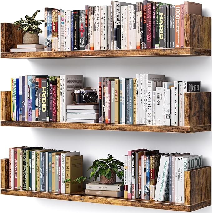 Wall Bookshelf, Set of 3, U Shaped Floating Bookshelf, Hanging Bookshelves for Wall, Wall Mounted Shelves for Living Room Bedroom Office (Rustic Brown, 23.6 Inches, 3)