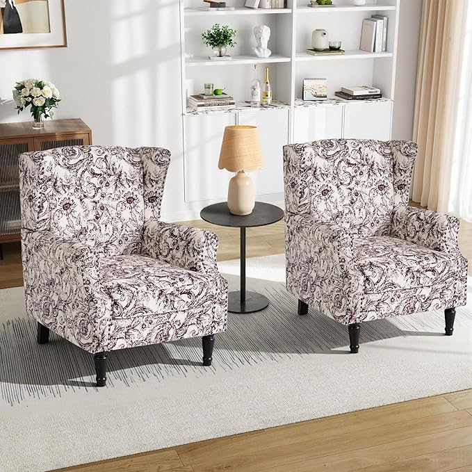 Pia Ricco High Back Floral Accent Chair - Retro Wingback Upholstered Armchair with Nailhead Trim, Solid Wood Legs, Fabric Living Room Bedroom Reading Chair (Rococo Plum)