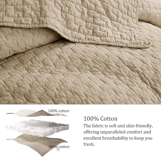 palassio Dark Beige 100% Cotton Quilt California Cal King Size Bedding Sets with 2 Pillow Shams, Oversized Lightweight Bedspread Shabby Chic Coverlet, Soft Bed Cover for All Season, 3 Pieces