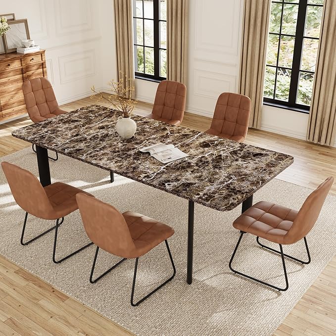 Extendable Dining Table for 6-8 People, 63 to 78.7 Inch Rectangular Table, Brown MDF with Sturdy Metal Legs, Space-Saving for Dining Room, Kitchen, Small Spaces