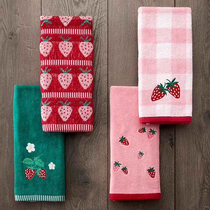 SKL Home Strawberry Jacquard 100% Cotton 2pc Hand Towel Set, Reversible & Decorative for Bath/Kitchen/Bar & Gift, Red