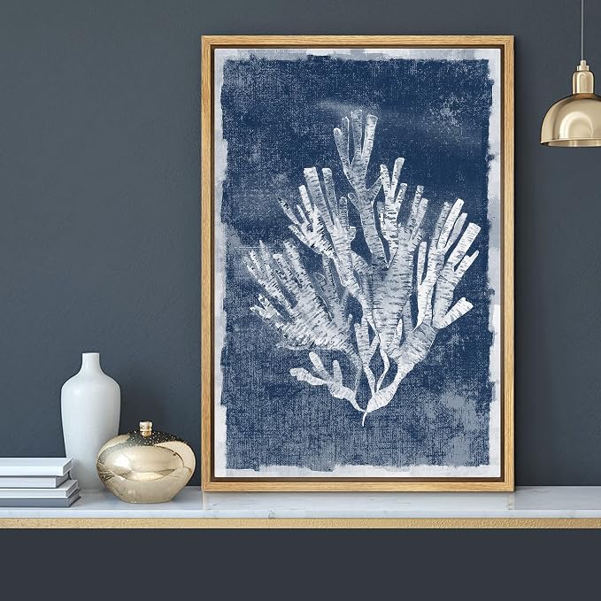 MUDECOR Framed Canvas Print Wall Art Faded White Underwater Coral Nature Wilderness Illustrations Modern Art Nautical Relax/Calm Blue Ultra for Living Room, Bedroom, Office - 16"x24" Natural