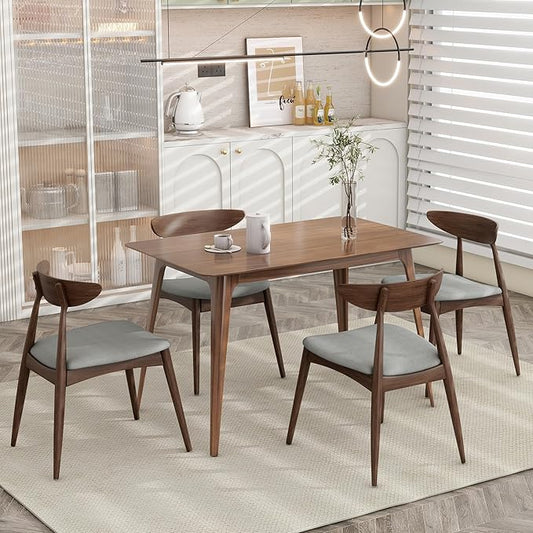 Mid-Century Modern Rectangular Dining Table with 4 Chairs, Solid Rubberwood Frame, Light Gray and Walnut Finish, Fabric Seats with Polyurethane Foam Filler, 4-Leg Base