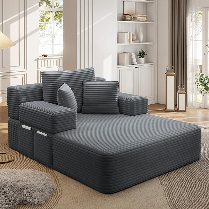 48.5" Oversized Chaise Lounge Chair Indoor, 3-in-1 Convertible Sleeper Sofa Bed, Plush Corduroy Boneless Chaise with 3 Pillows & Side Pockets, Adjustable Back/Armrest for Living Room - Dark Grey