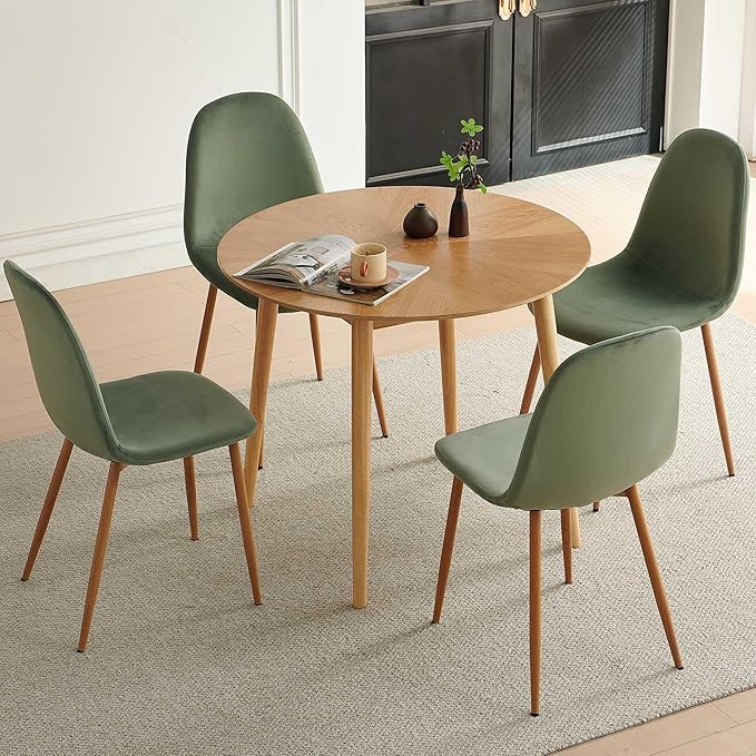 Velvet Dining Chairs Set of 4, Upholstered Dining Room Chairs with Oak Look Foiled Steel Legs, Comfortable Armless Kitchen Chairs for Living Room, Green