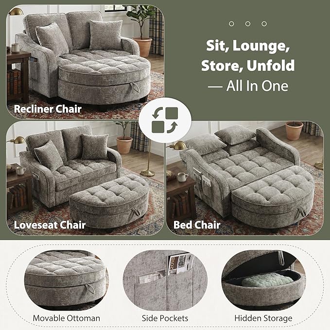 Round Chaise Lounge Chair with Storage Ottoman, Oversized Bubble Chair and a Half Featuring Adjustable Backrest, Plush Reading Accent Chair and Ottoman Set for Bedroom, Mocha Brown