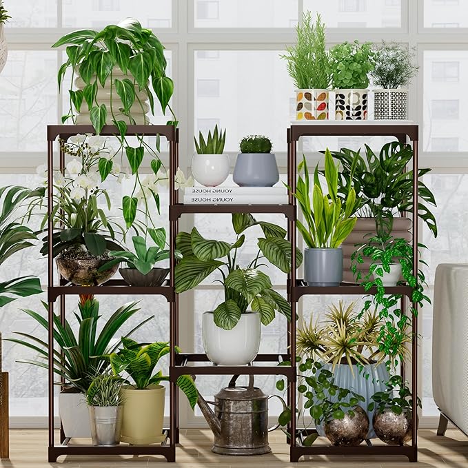 Plant Stand Indoor Outdoor Plant Shelf Stand, 3 Tiers 8 Pots Large Potted Metal Flower Plant Rack for Multiple Plants, Hanging Tall Planter Holder for Patio Balcony Living Room Corner Porch Garden Boho Decor Brown