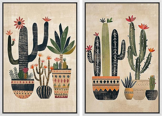 MUDECOR Framed Canvas Print Wall Art Set Mexican Cactus Tropical Botanical llustrations Modern Art Decorative Bohemian Calm/Zen for Living Room, Bedroom, Office - 24"x36"x2 White