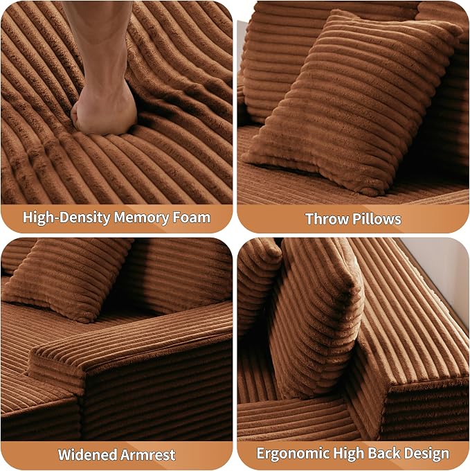 Boneless Chaise Lounge Chair Indoor - 59" Oversized Corduroy Floor Boneless Loveseat Sofa Couch for Living Room, No Assembly Required,Brown