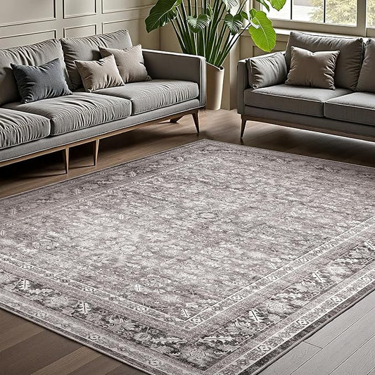 OPPODREAM Vintage Grey Area Rugs 6x9, 6 x 9 Retro Washable Rug Non Slip, Low-Pile Faux Wool Carpet, Distressed Gray Floor Mat for Living Room, Bedroom, Kitchen, Office, Dorm, Dinning Room
