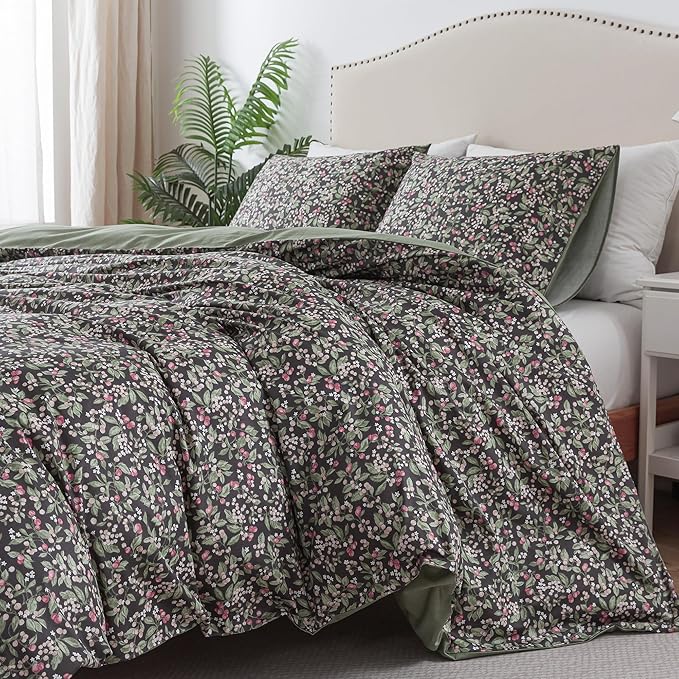 HoneiLife Duvet Cover Queen Size - Cotton Comforter Cover Floral Duvet Cover Sets 3-PC, Soft Bedlinen for Set with Zipper Closure & Corner Ties, Wildflower Comforter Cover Sets,Berry