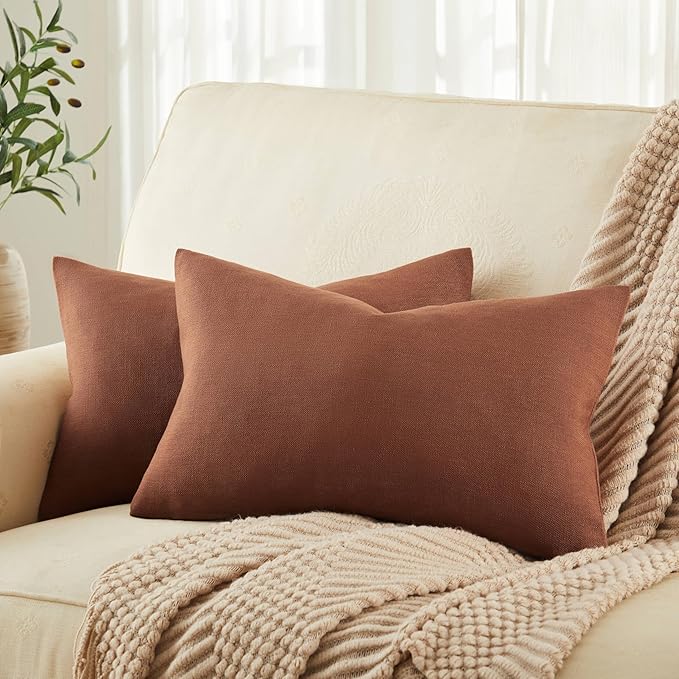 ZeeMart Rustic Cotton Linen Lumbar Throw Pillow Covers Set of 2, 12x20 Inch Terracotta, Farmhouse Style Decorative Couch Pillow Cases Cushion Covers for Sofa Bed Living Room Home Decor