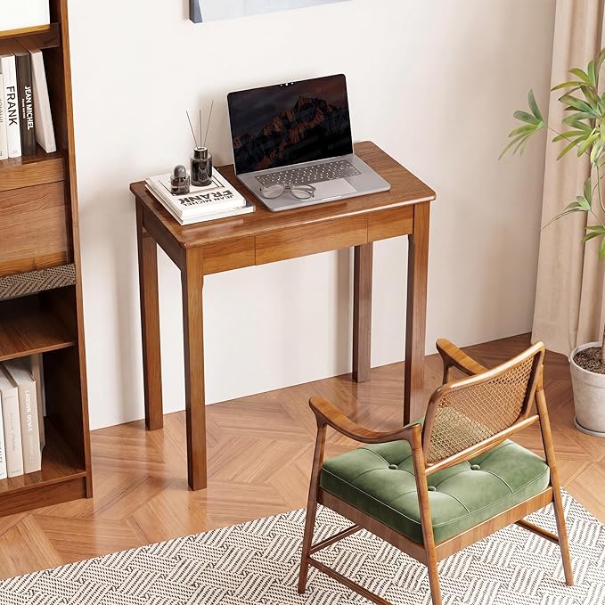 Solid Wooden Desk with Drawers - 28 x 16 Inch Narrow Desks for Small Spaces, Rubberwood Simple Study Table, Small Writing Desk for Bedroom - Natural Boho Desks