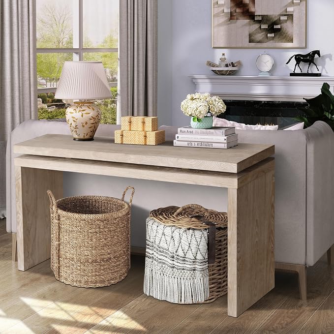 Wood Console Table, 60" Retro Narrow Long Sofa Table Behind Couch with Double Board Suspension Design and Solid Wood Finish for Hallway Entryway Living Room Entrance, Natural