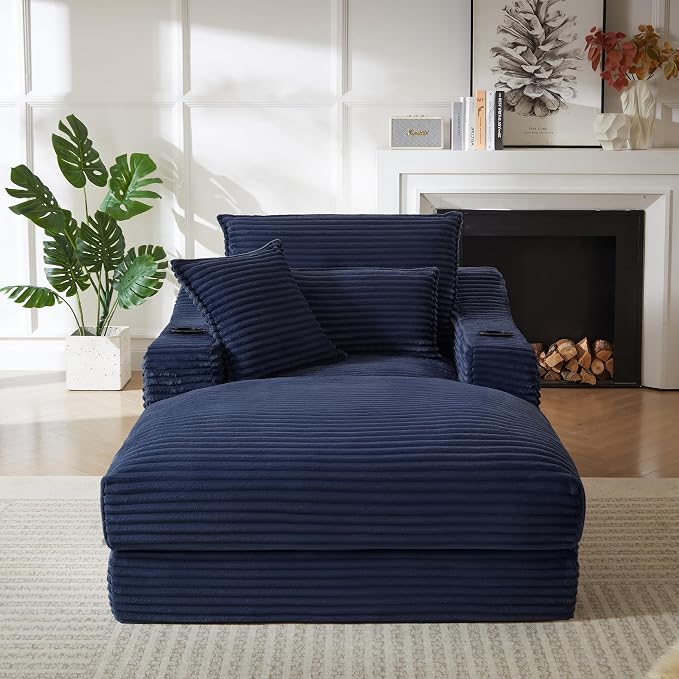 67" Oversized Chaise Lounge Chair Indoor, Boneless Cloud Couch with 3 Pillows, 2 Side Pockets and 2 Cup Holders, Corduroy Sleeper Sofa Bed for Living Room Bedroom Reading Nook - Blue | Breathable material
