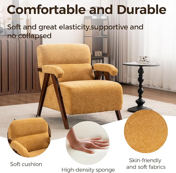 Accent Chair Mid Century Modern Living Room Chairs with Thick Cushion Comfy Upholstered Armchair Cozy Small Side Chairs for Reading Room Bedroom Yellow