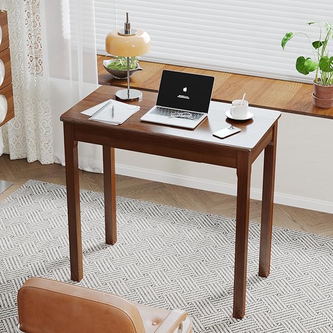 Solid Wooden Desk with Drawers - 32 x 16 Inch Narrow Desks, Rubberwood Mid Century Modern Desks, Small Writing Desk for Bedroom|Small Spaces - Walnut Color