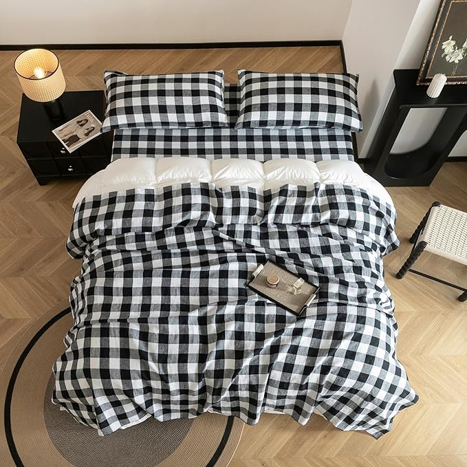 EVERLY Linen Sheets California King Size,100% French Stonewash Linen Sheets Set,4Pieces (1Flat Sheet,1Fitted Sheet,2Pillowcase) Suitable for Hot Sleepers,Deep Pocket Natural Bedding Set-Black Plaid