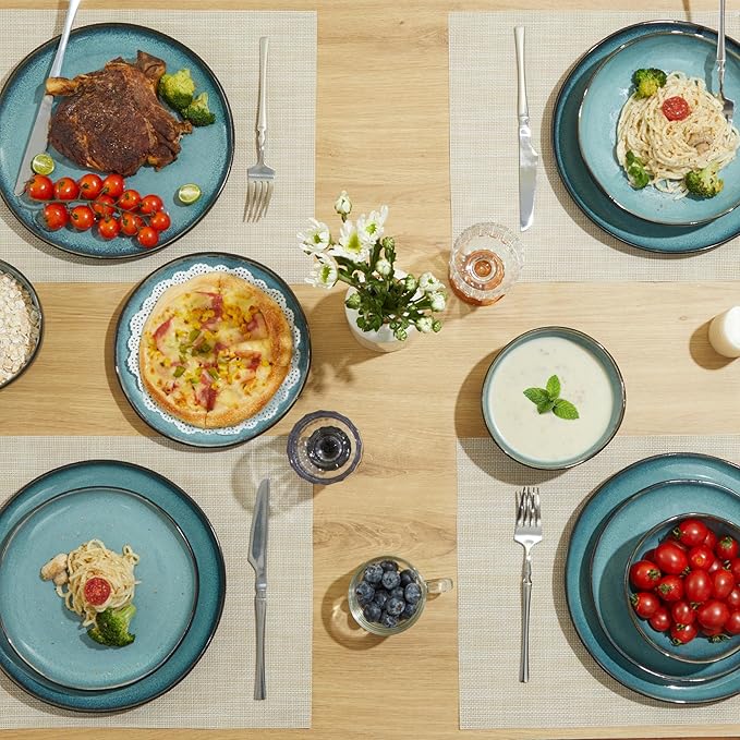 18 Piece Dinnerware Sets for 6, Green Black Reactive Glaze Stoneware | Irregular Artisan Style for Family Dinners, Weekend Gatherings | Scratch‑Resistant, Microwave & Dishwasher Safe