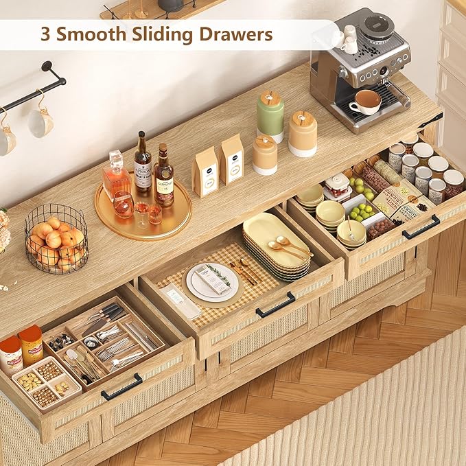 usikey Large Sideboard Buffet Cabinet with 4 Doors and 3 Drawers, Farmhouse Buffet Table, Dining Room Storage Cabinet for Kitchen or Living Room, Natural