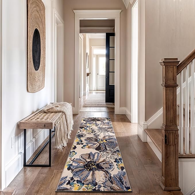 Rugshop Cream Bright Flowers Non Slip Non-Shedding Runner Rug for Hallway, Entryway and Kitchen, 2'7" x 10'