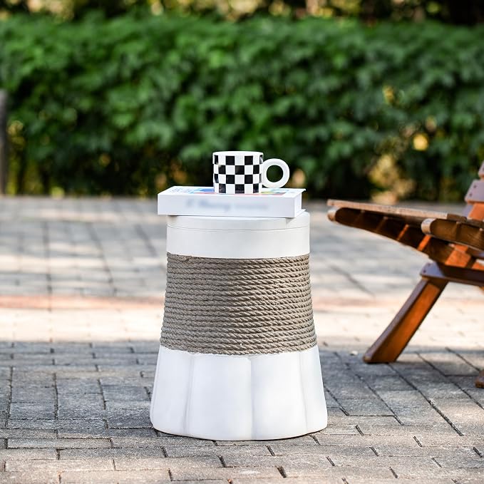 ø14'' Faux Concrete Cement Round Side Table End Table, Modern Contemporary Minimalist Retro Style, MGO Material for Indoor & Outdoor, No Assembly, Woven Rope & Fan-Base, Brown & Gray