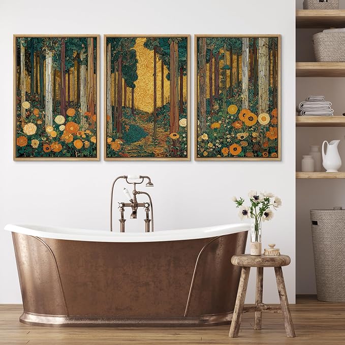 wall26 Framed Print Wall Art Set Klimt Style Sunlit Forest Vibrant Green and Gold Floral WoodlandDecorative Minimal Relax/Zen for Living Room, Bedroom, Office - 24"x36"x3 NATURAL