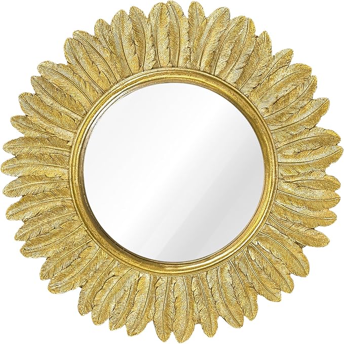 Pack of 1 Gold Round Wall Mirror 12 inch - Small Feather Decorative Wall Mirror,Vintage Sunburst Boho Wall Decor Mirror for Bedroom,Living Room,Entryway,Hallway,Dressing Table