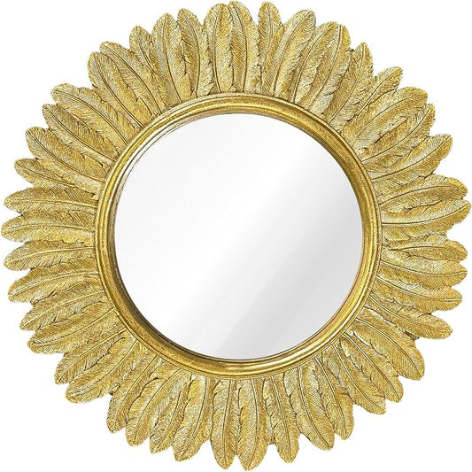 Pack of 1 Gold Round Wall Mirror 12 inch - Small Feather Decorative Wall Mirror,Vintage Sunburst Boho Wall Decor Mirror for Bedroom,Living Room,Entryway,Hallway,Dressing Table