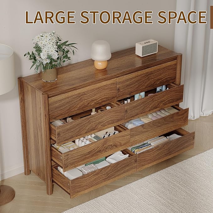 CHUWELL Dresser for Bedroom，55" Wide Mid Century Chest of Drawers with 8 Large Storage Space and 4 Solid Wood Cylindrical Legs,8 Drawer Large Dresser for Bedroom(Walnut)
